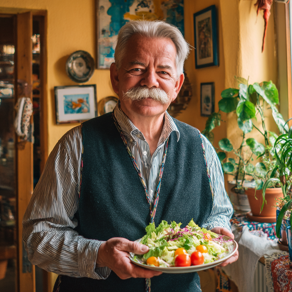 Fiatal magyar férfi friss zöldségekkel és gyümölcsökkel, egészséges életmód szimbóluma